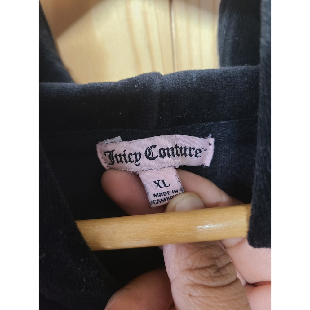 Juicy Couture Velour Hoodie Women XL Black Good Pink Glitter Crest Y2K Zip Up - Picture 4 of 10